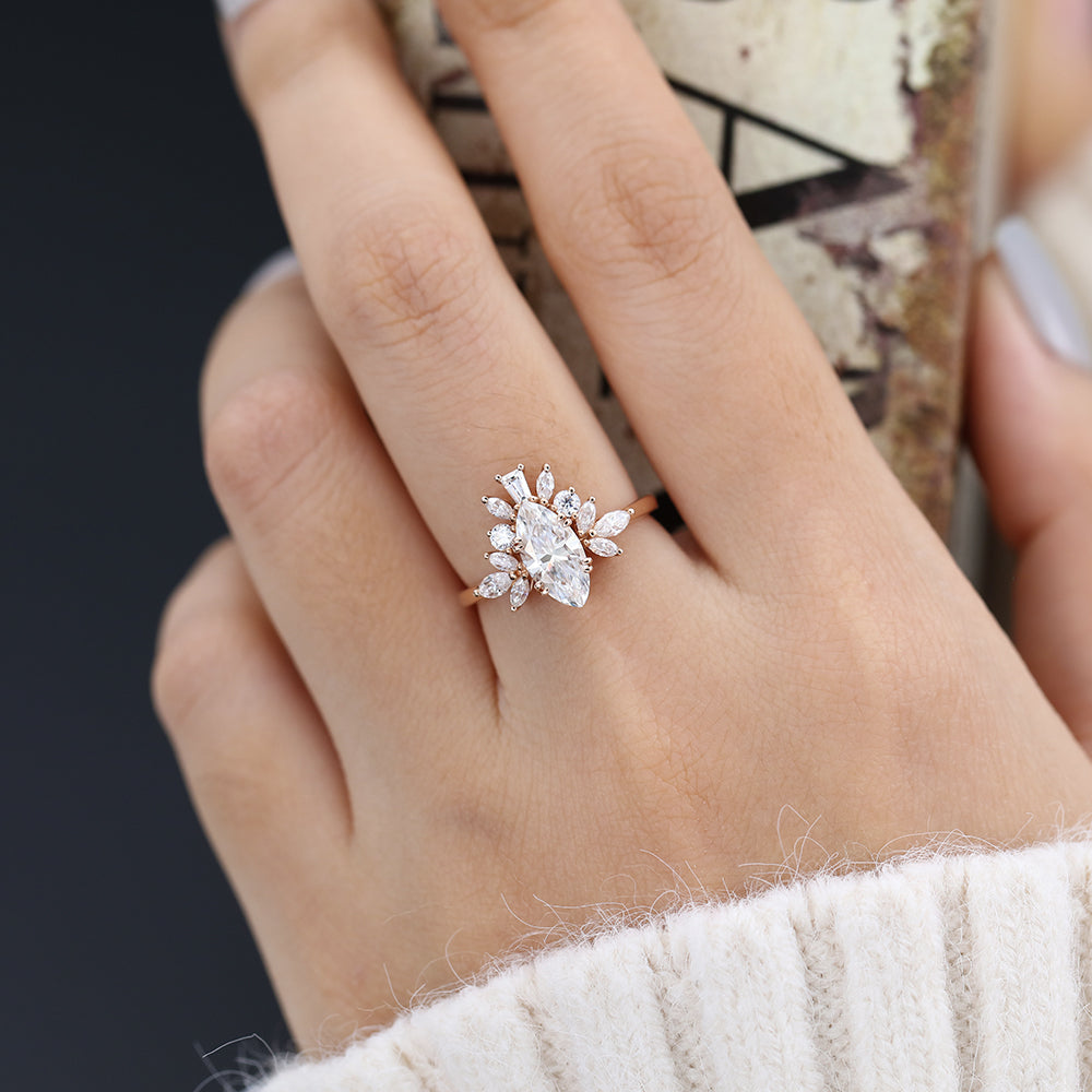 Bianca-0.9 Carats Marquise Moissanite Cluster Engagement Ring