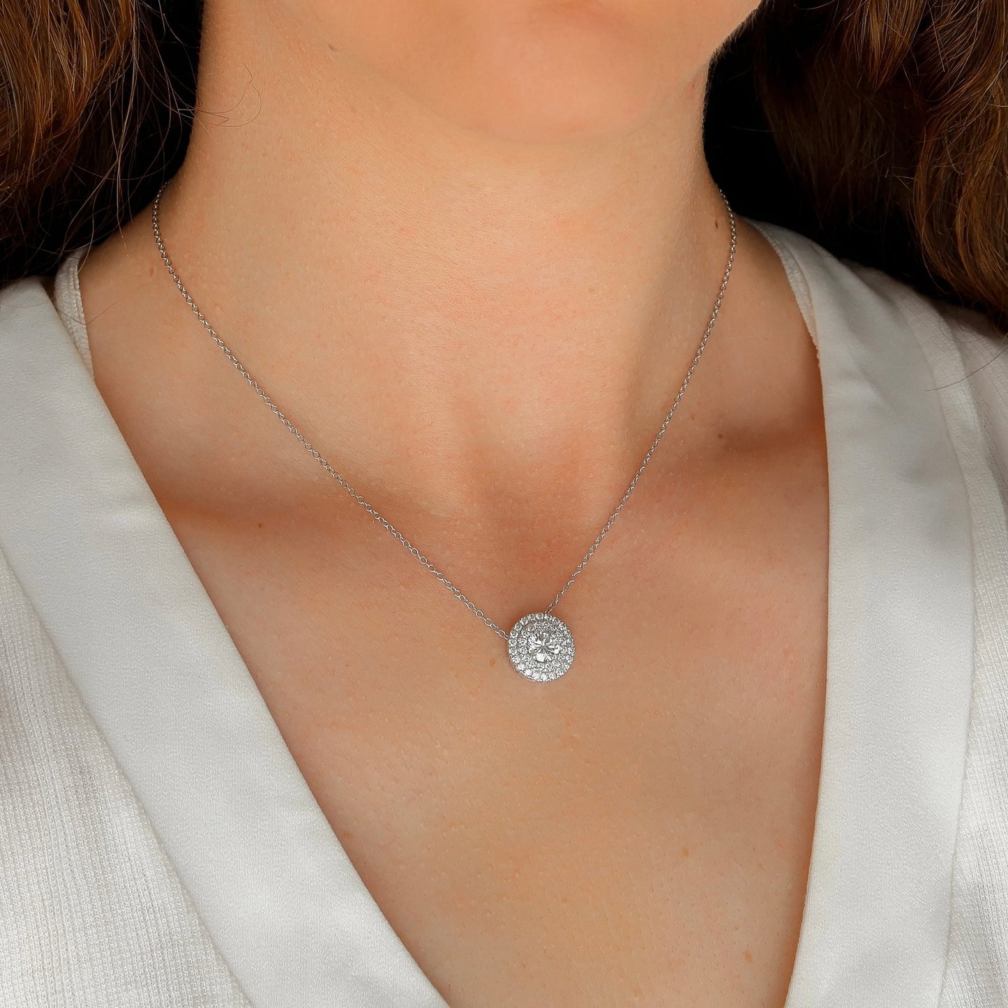 Gabriella-2.0 Carats Round Moissanite Double Halo Necklace