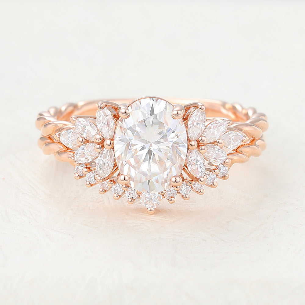 Silas-1.33 Carats Oval Moissanite Cluster Bridal Ring Set