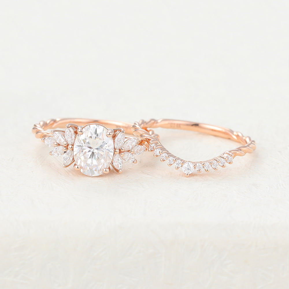 Silas-1.33 Carats Oval Moissanite Cluster Bridal Ring Set