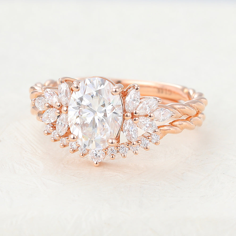 Silas-1.33 Carats Oval Moissanite Cluster Bridal Ring Set