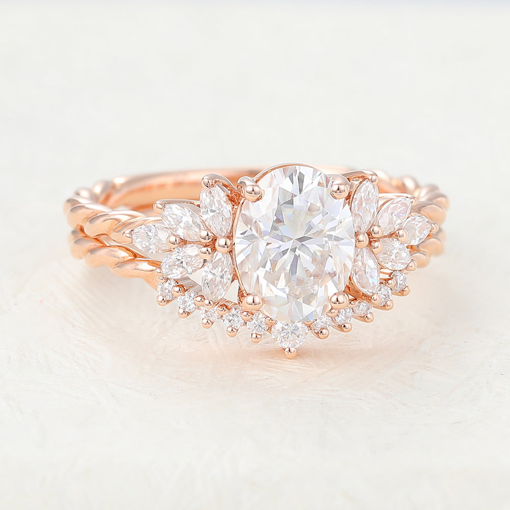 Silas-1.33 Carats Oval Moissanite Cluster Bridal Ring Set