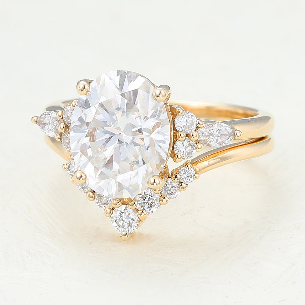 Dominic-3.0 Carats Oval Moissanite Cluster Bridal Ring Set