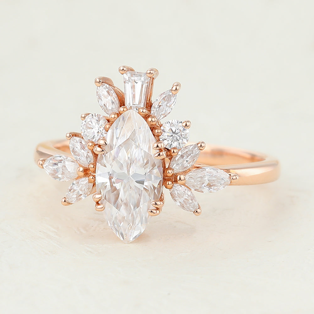 Bianca-0.9 Carats Marquise Moissanite Cluster Engagement Ring