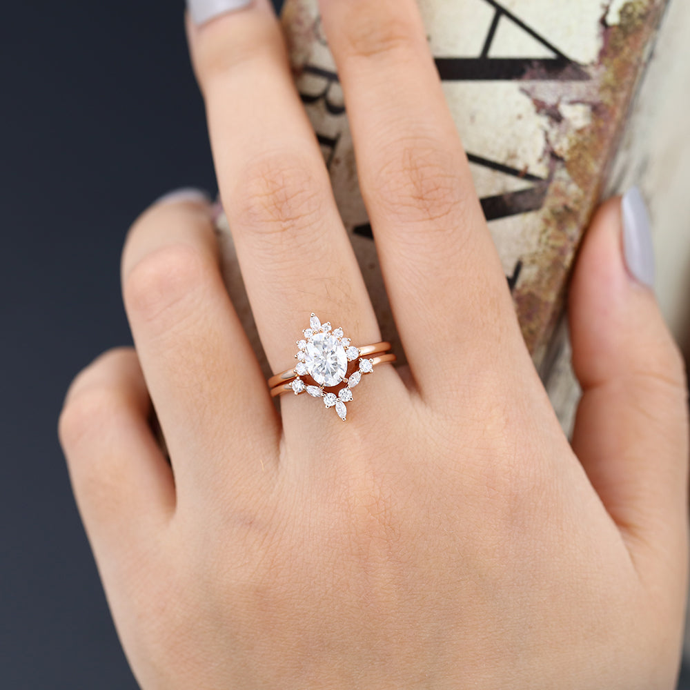 Wesley-1.33 Carats Oval Moissanite Cluster Bridal Ring Set