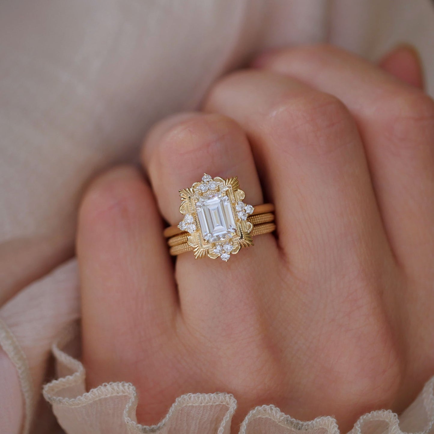 1.50 CT Emerald Shape CVD Diamond Art Deco Setting Engagement Ring