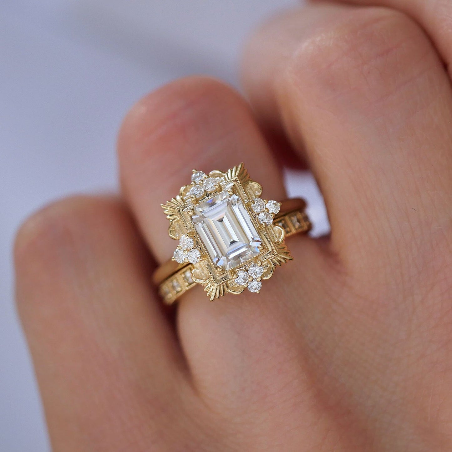 1.50 CT Emerald Shape CVD Diamond Art Deco Setting Engagement Ring