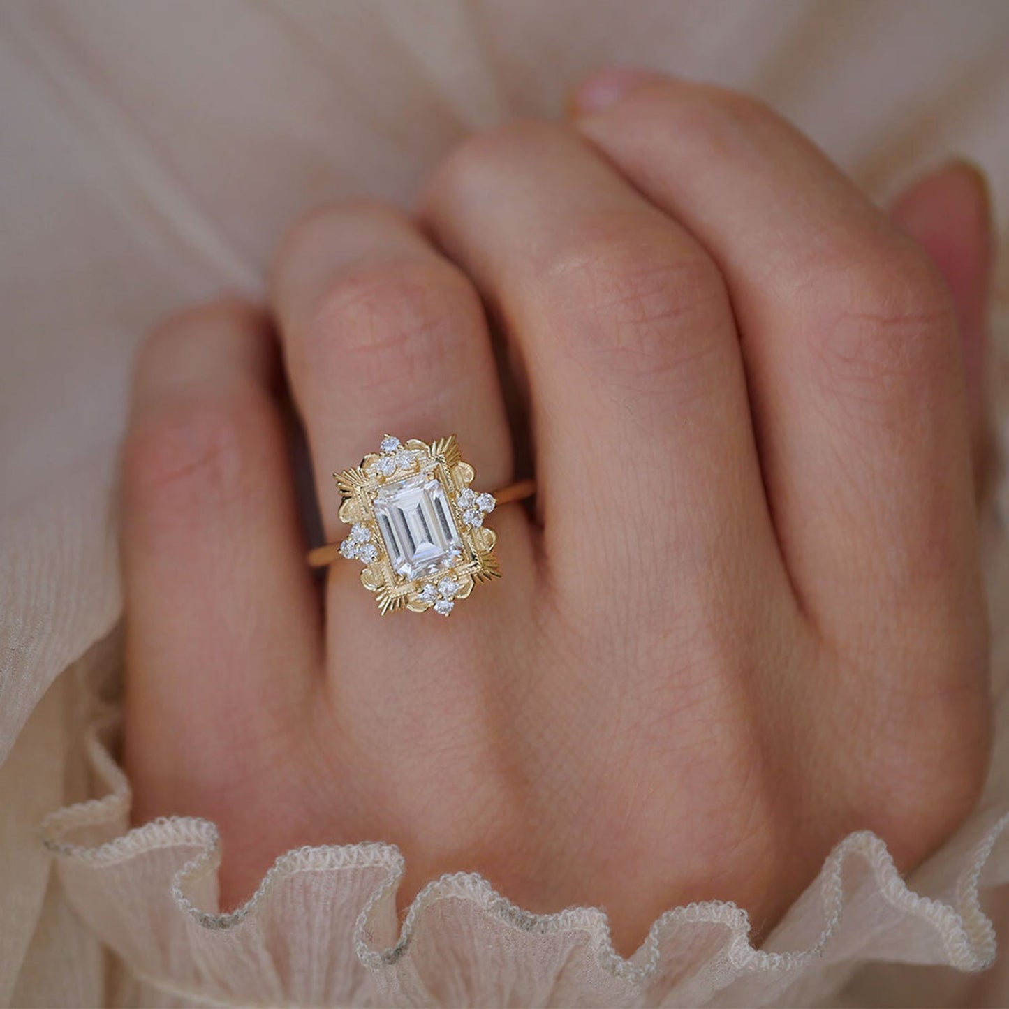 1.50 CT Emerald Shape CVD Diamond Art Deco Setting Engagement Ring