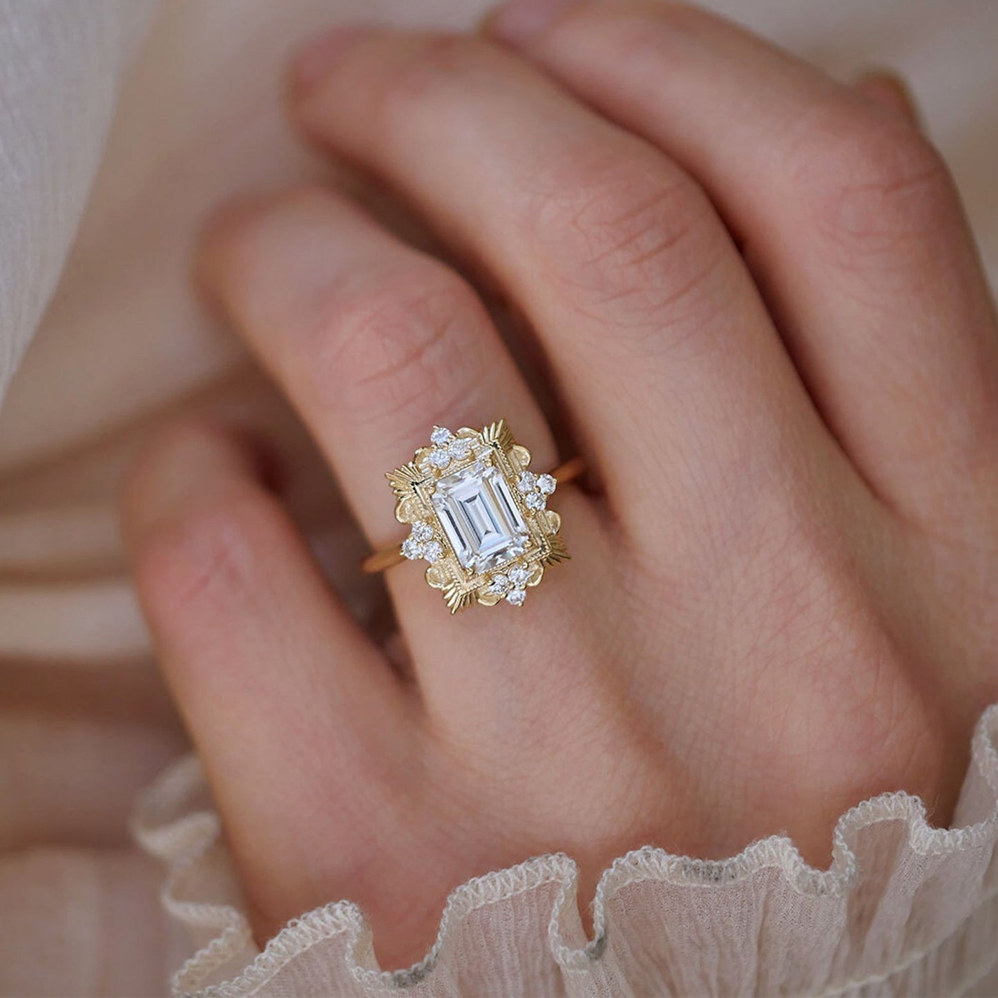 1.50 CT Emerald Shape CVD Diamond Art Deco Setting Engagement Ring
