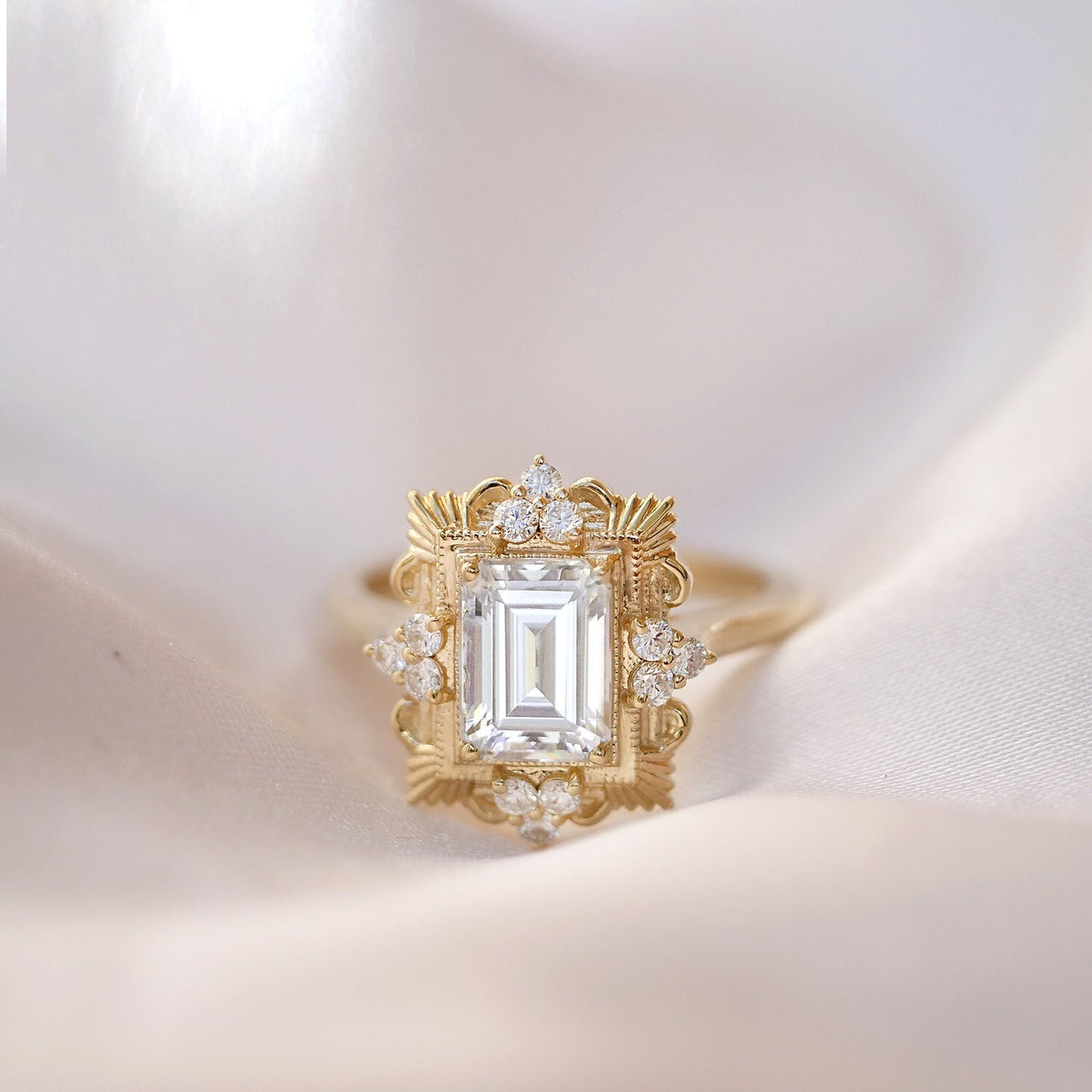 1.50 CT Emerald Shape CVD Diamond Art Deco Setting Engagement Ring