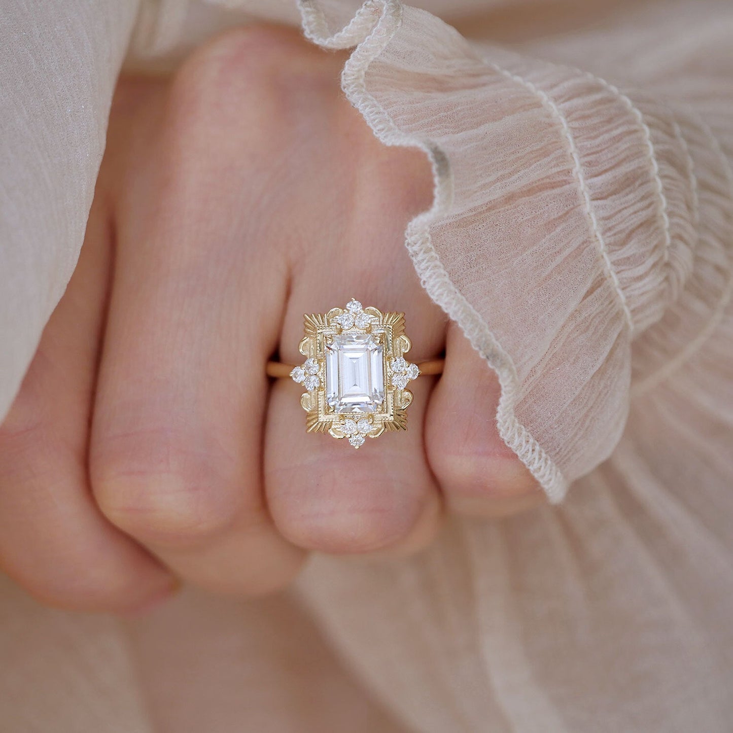 1.50 CT Emerald Shape CVD Diamond Art Deco Setting Engagement Ring