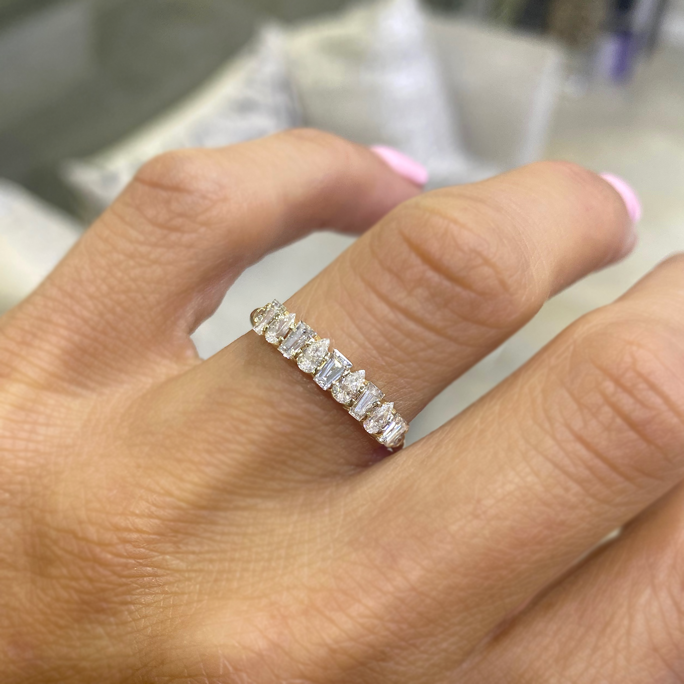 0.74 TCW Baguette & Pear Cluster Wedding Band