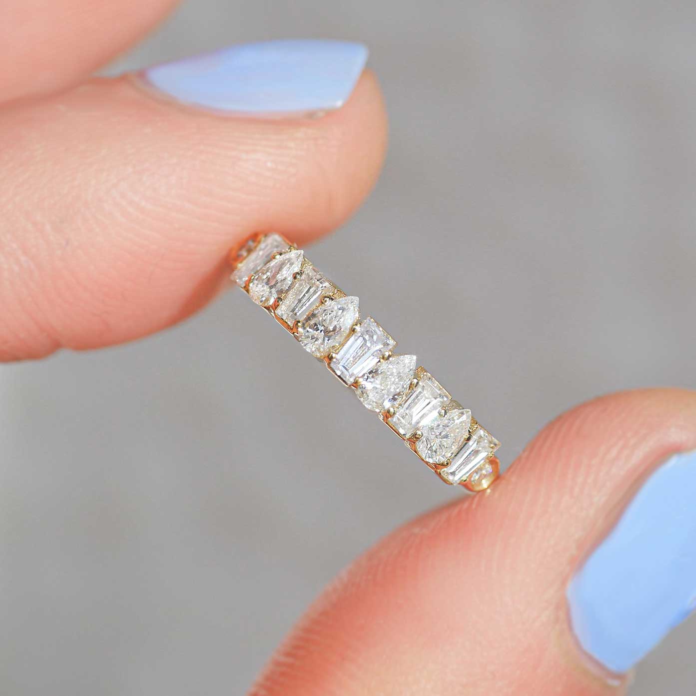 0.74 TCW Baguette & Pear Cluster Wedding Band