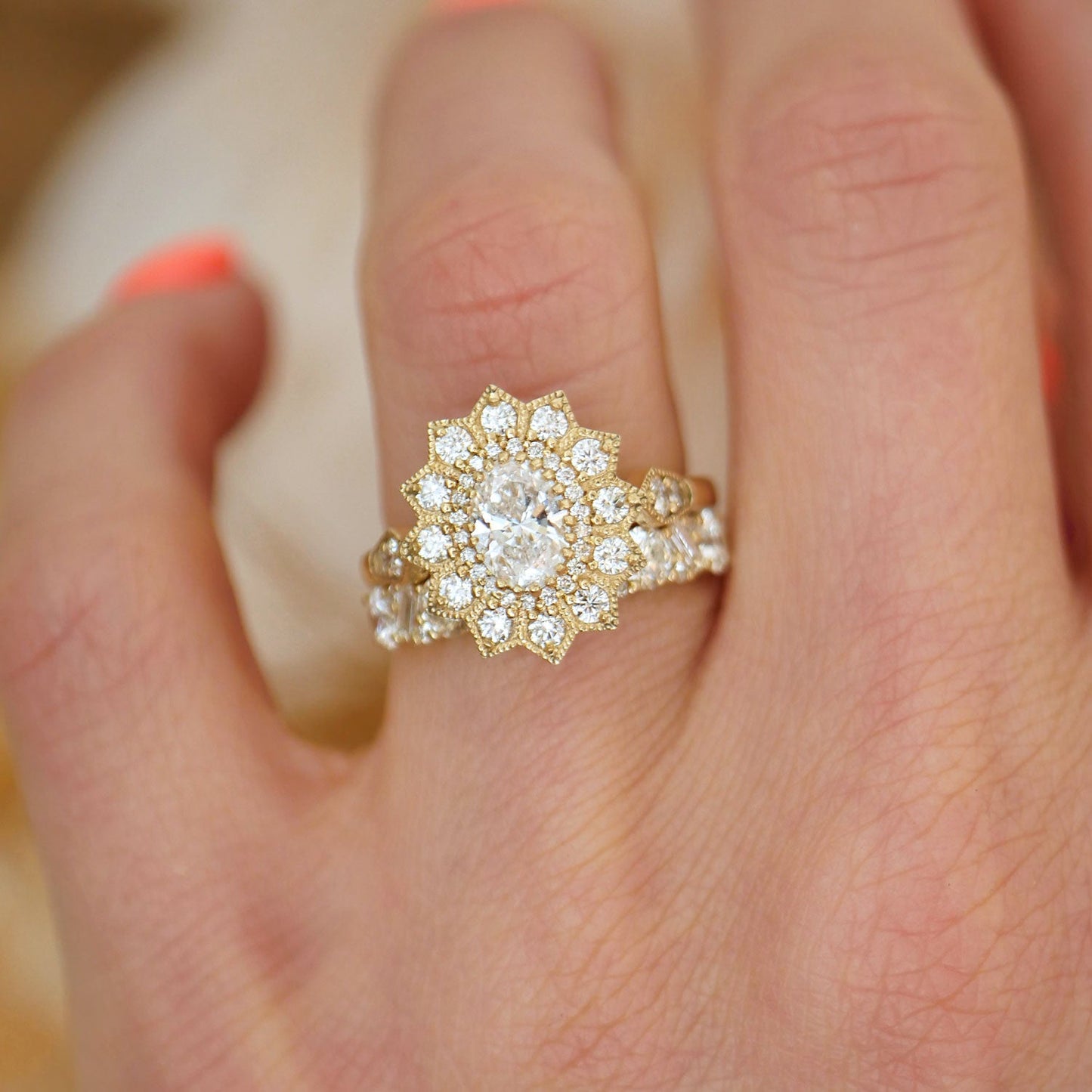 0.75 CT Oval Shape CVD Diamond Sunflower Engagement Ring