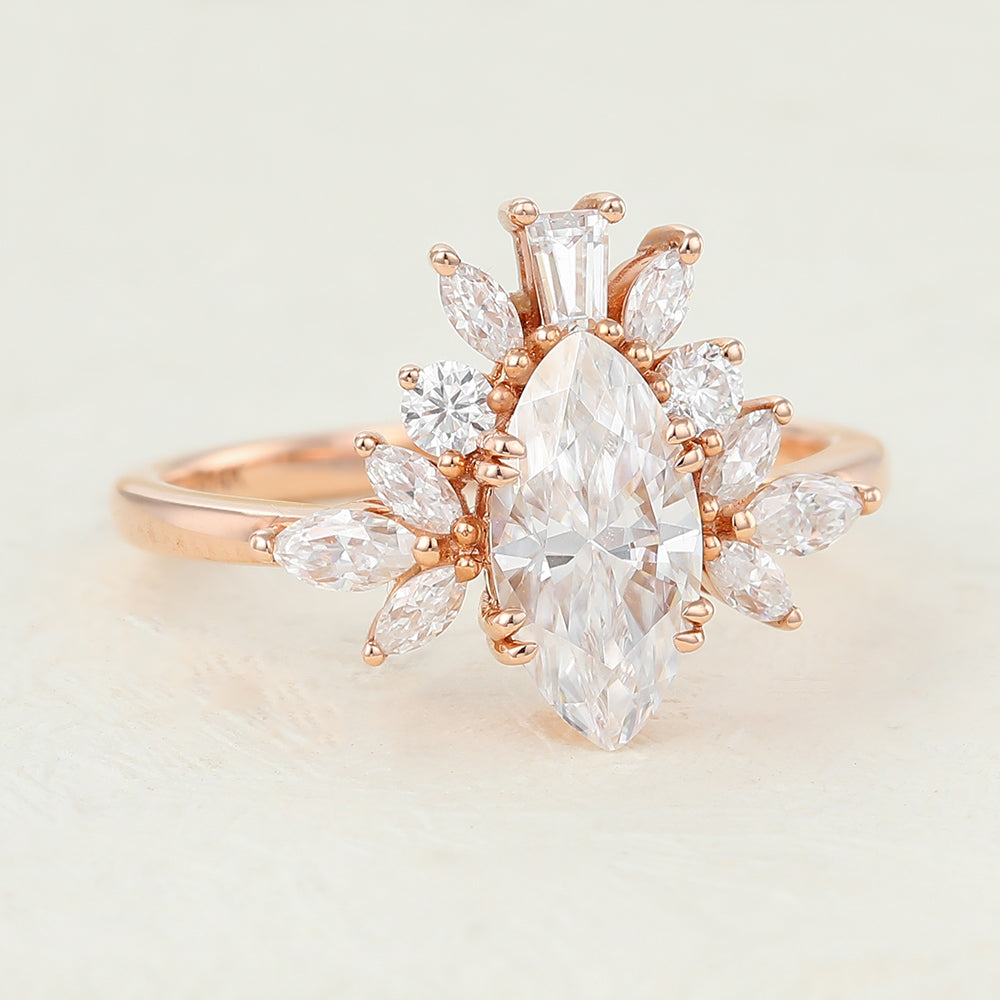 Bianca-0.9 Carats Marquise Moissanite Cluster Engagement Ring