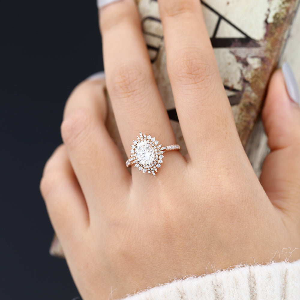 Annabelle-1.33 Carats Oval Moissanite Double Halo Engagement Ring