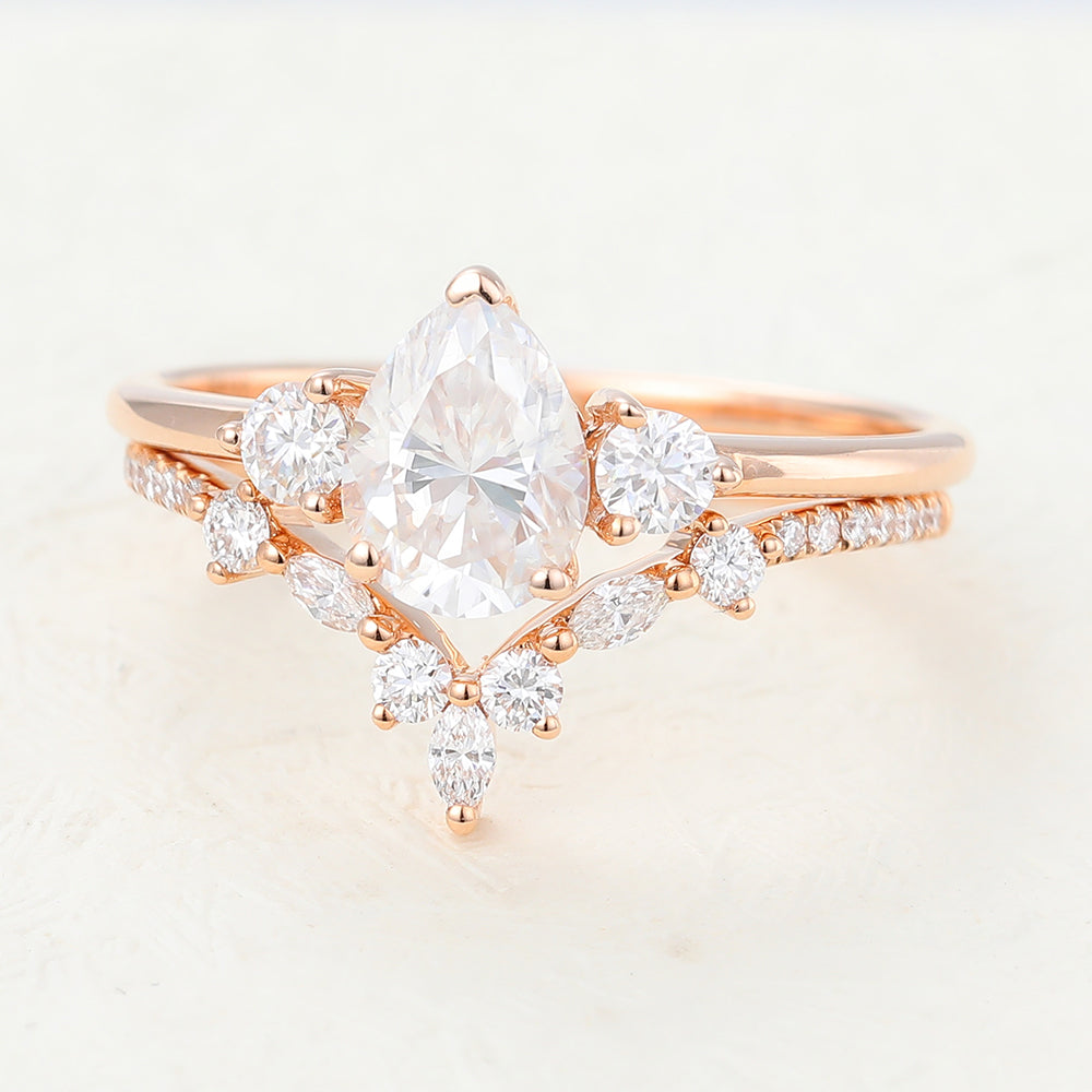 Serenity-1.0 Carats Pear Moissanite Three Stone Style Bridal Ring Set
