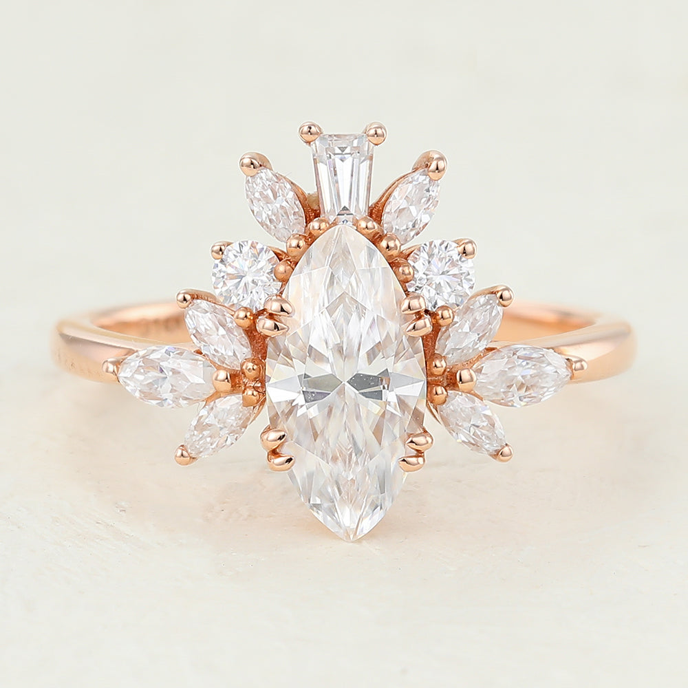 Bianca-0.9 Carats Marquise Moissanite Cluster Engagement Ring