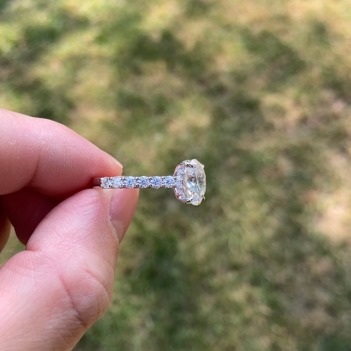 Ella-3.0 Carats Oval Moissanite Hidden Halo Engagement Ring