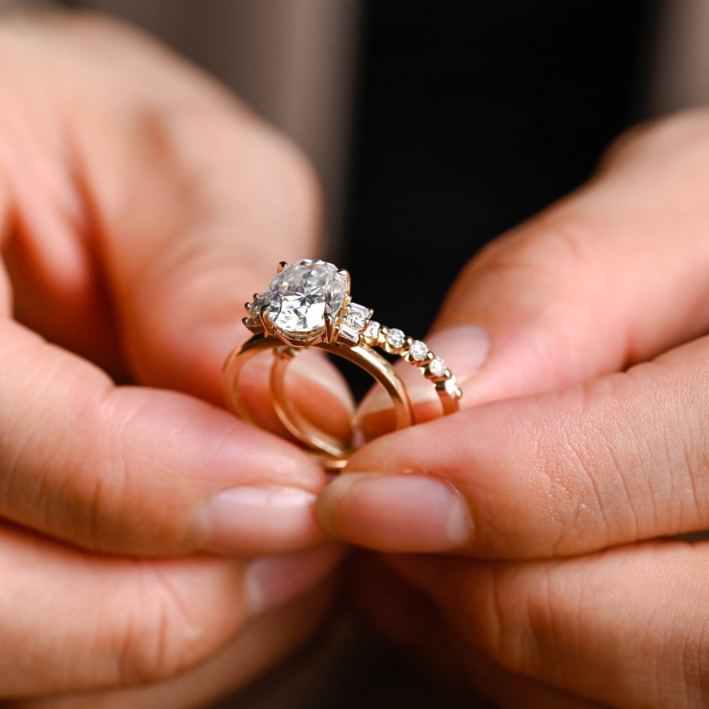 Celeste-2.5 Carats Oval Moissanite Cluster Bridal Ring Set