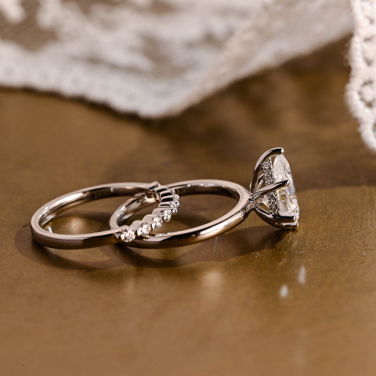 Athena-1.25 Carats Pear Moissanite Hidden Halo Bridal Ring Set