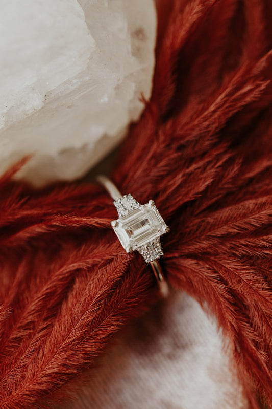 1.00 CT Carats Emerald Cut Moissanite diamond Cluster Style Engagement Ring