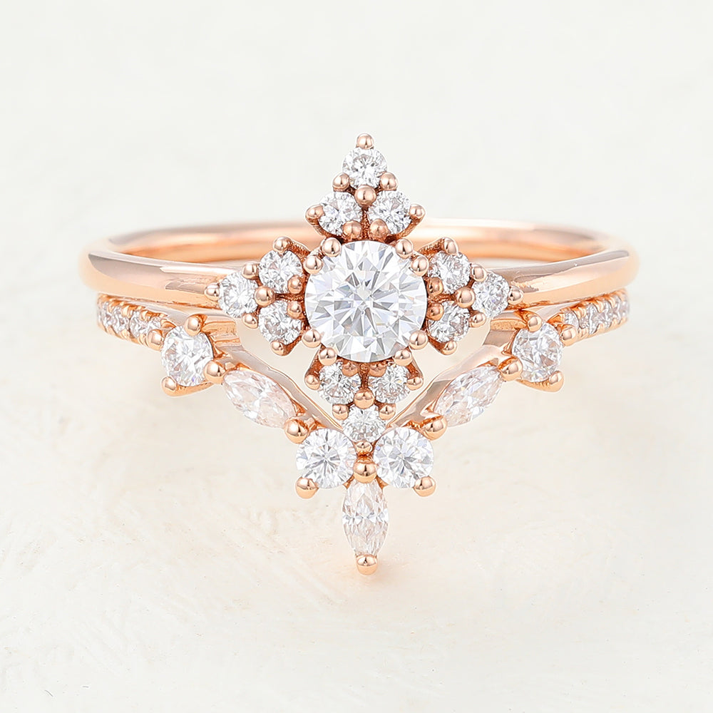 Atticus-0.22 Carats Round Moissanite Cluster Bridal Ring Set