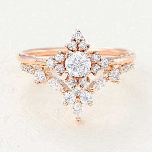 Atticus-0.22 Carats Round Moissanite Cluster Bridal Ring Set