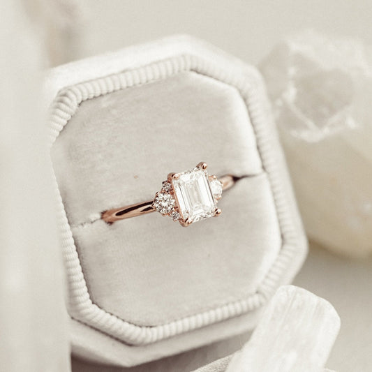 1.00 CT Carats Emerald Cut Moissanite diamond Cluster Style Engagement Ring