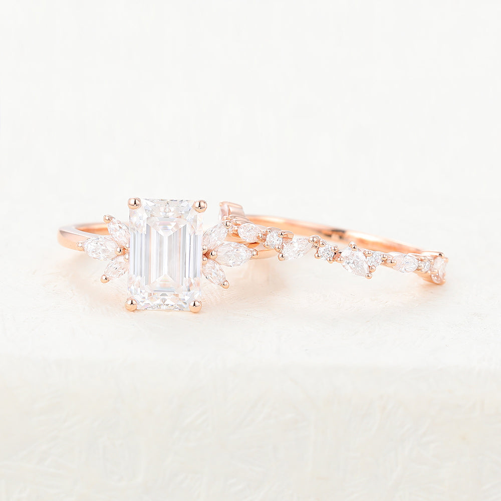 1.89 CT Emerald Cut Moissanite Cluster Bridal Ring Set