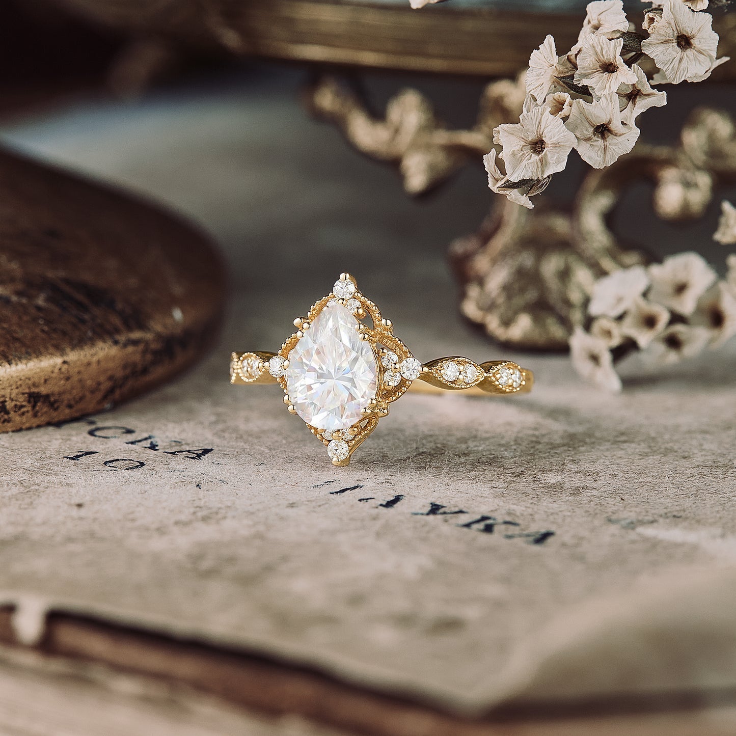 1.2 CT Carat Moissanite Diamond Pear Shape Vintage Engagement Ring