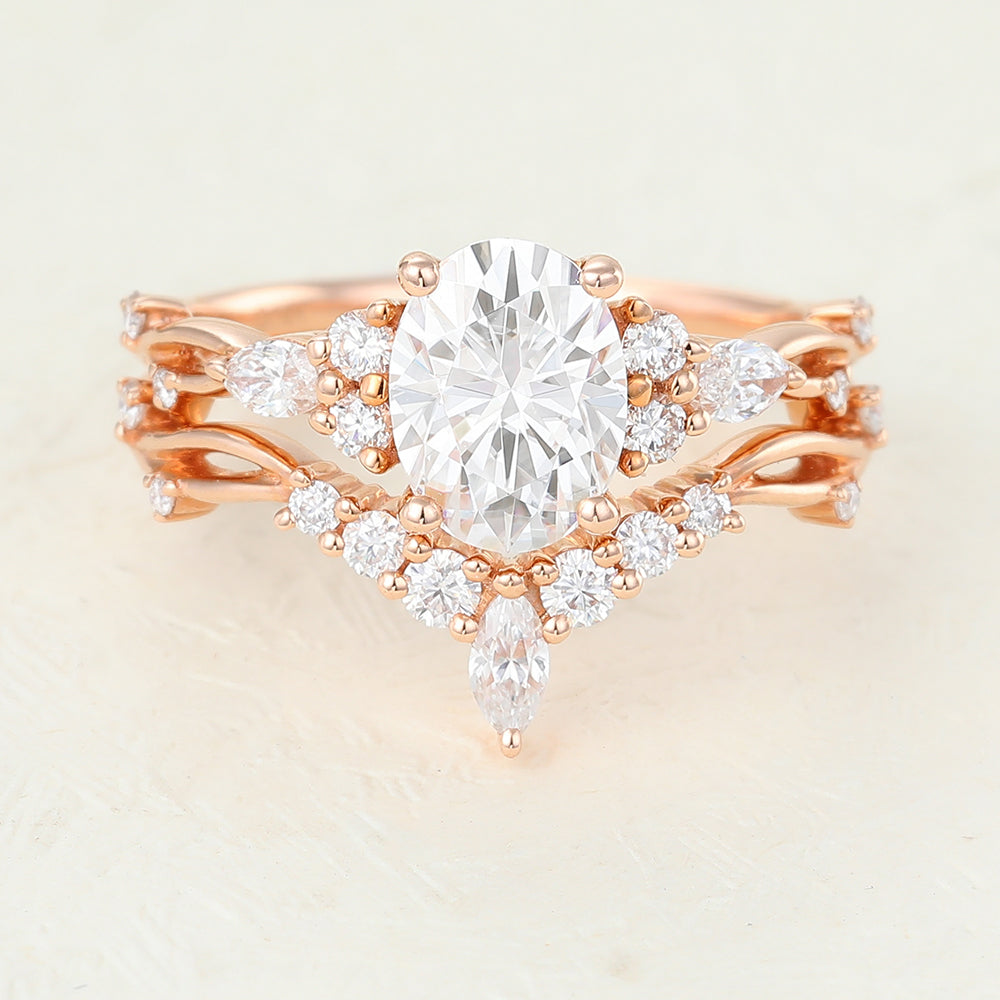 Calvin-1.33 Carats Oval Moissanite Cluster Bridal Ring Set