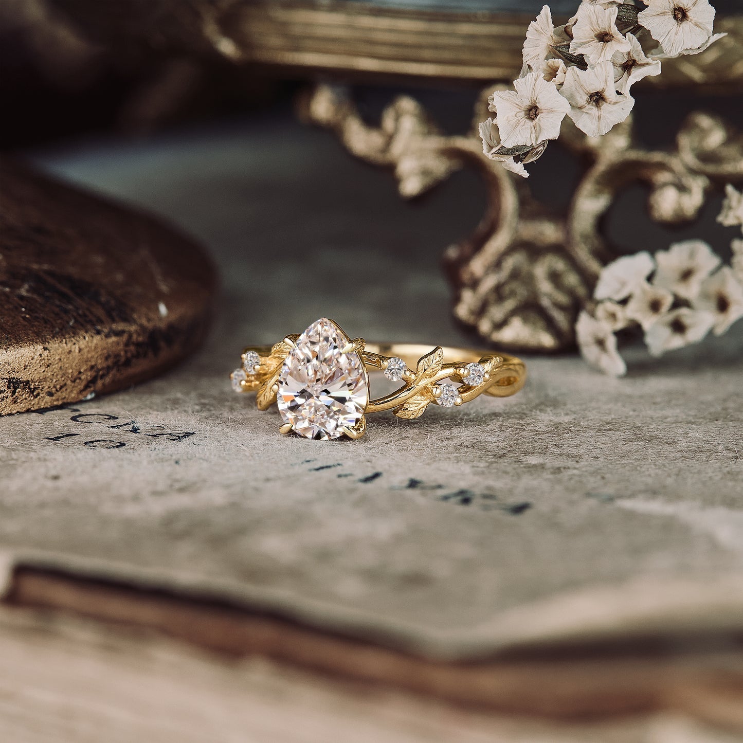 1.25 CT Carat Moissanite Diamond Pear Shape Vintage Engagement Ring