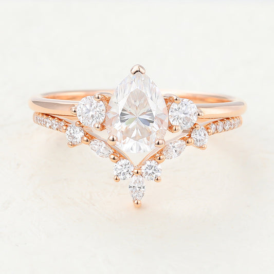 Serenity-1.0 Carats Pear Moissanite Three Stone Style Bridal Ring Set