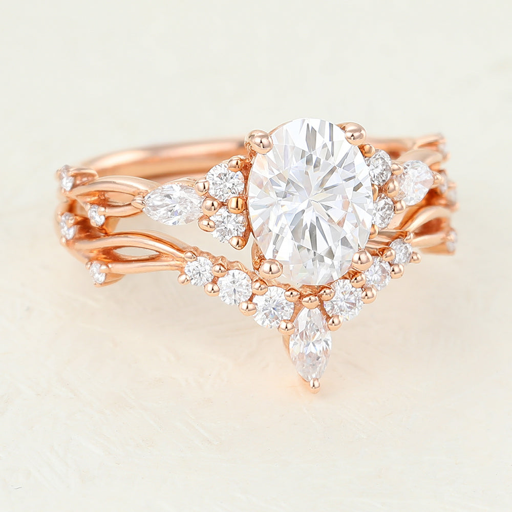 Calvin-1.33 Carats Oval Moissanite Cluster Bridal Ring Set