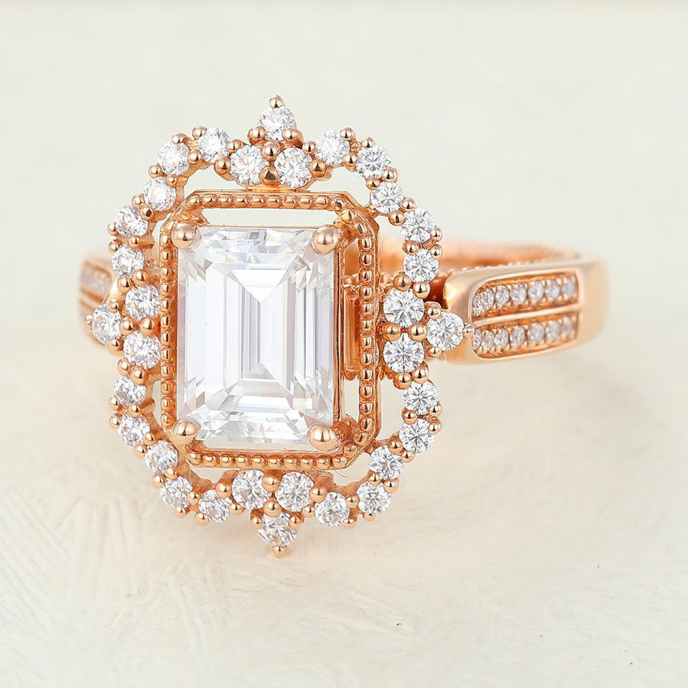 Raegan-1.60 Carats Emerald Moissanite Halo & Pave Engagement Ring
