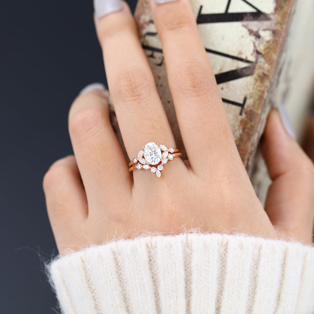 Nova-1.33 Carats Oval Moissanite Cluster Bridal Ring Set
