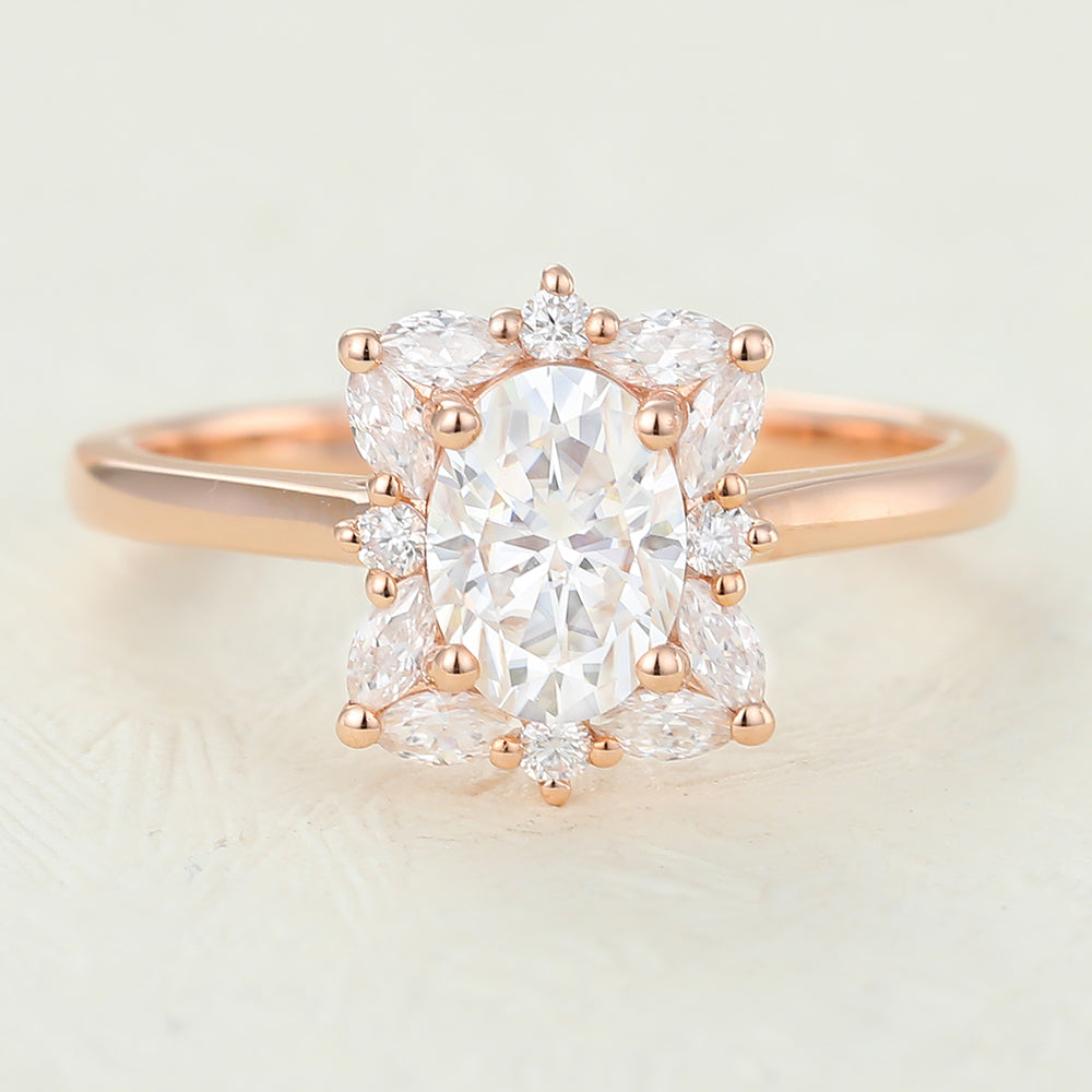 Annika-0.84 Carats Oval  Moissanite Cluster Engagement Ring