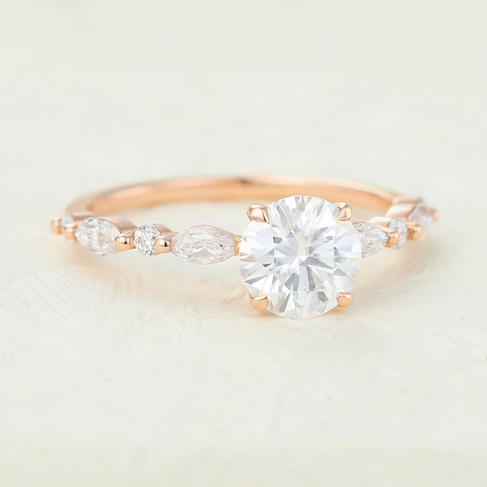 Jacqueline-0.88 Carats Round Moissanite Pave Engagement Ring