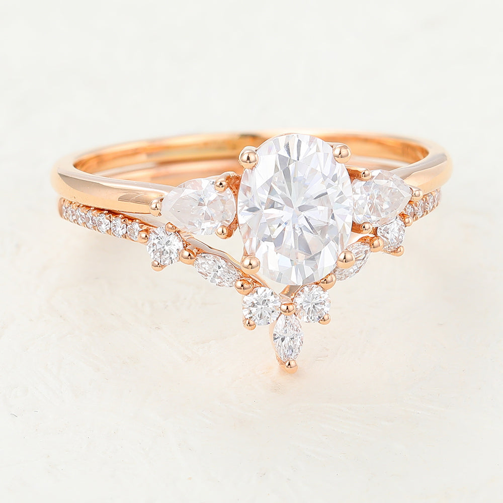 Willow-1.33 Carats Oval Moissanite Three Stone Style Bridal Ring Set