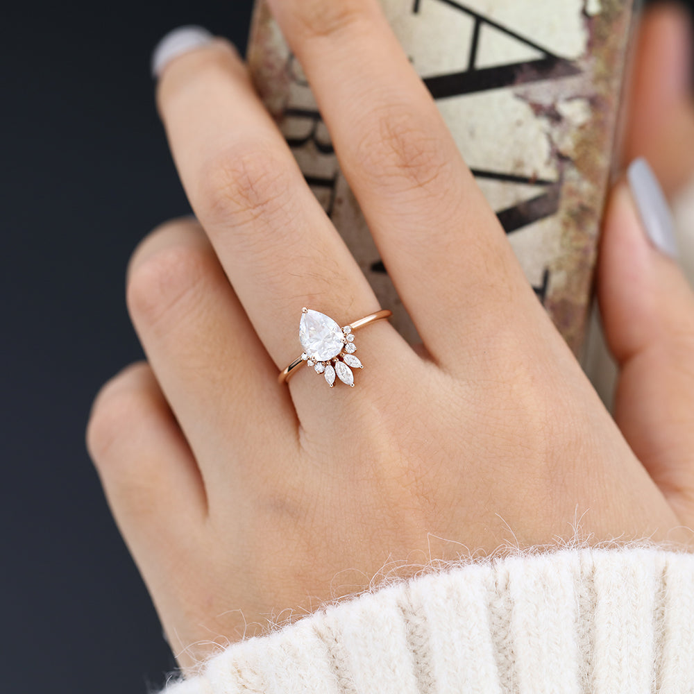 Marilyn-0.85 Carats Pear Moissanite Cluster Engagement Ring