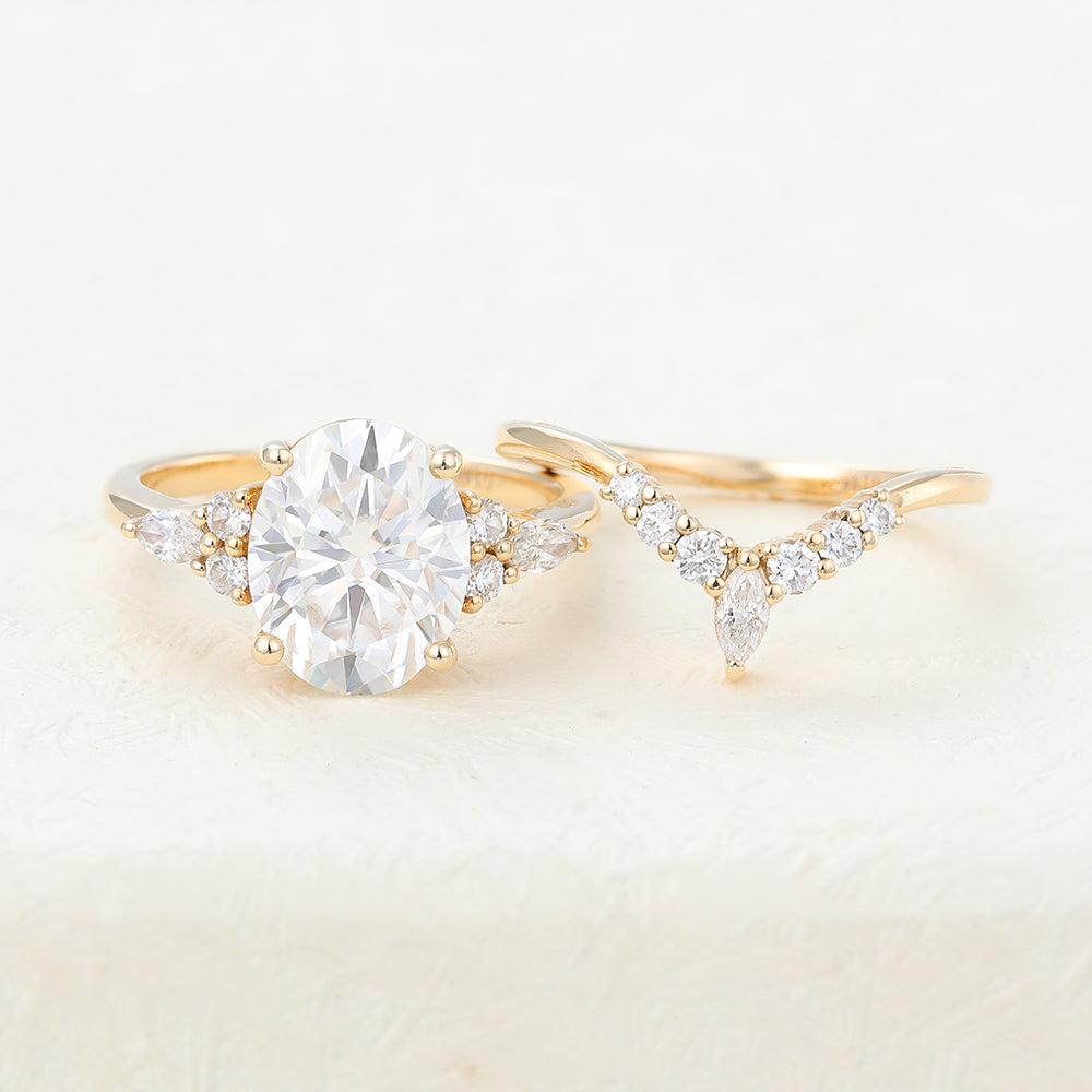Max-3.0 Carats Oval  Moissanite Cluster Bridal Ring Set