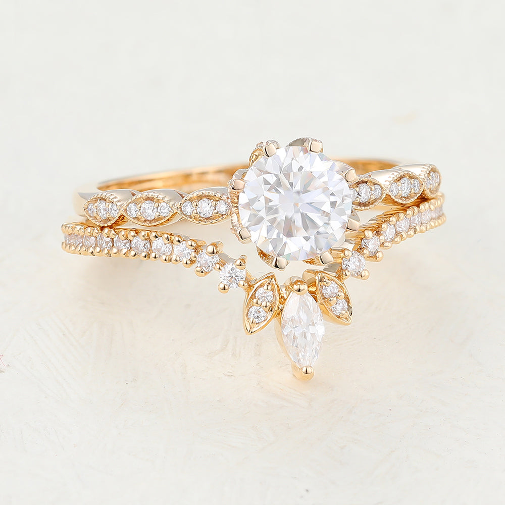 Timothy-1.0 Carats Round Moissanite Pave Bridal Ring Set