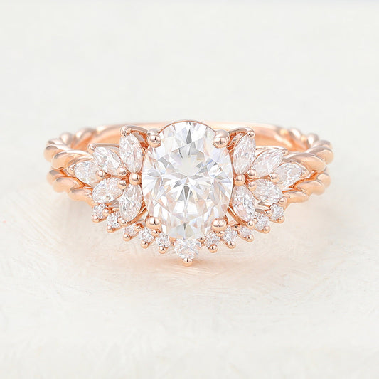 Silas-1.33 Carats Oval Moissanite Cluster Bridal Ring Set