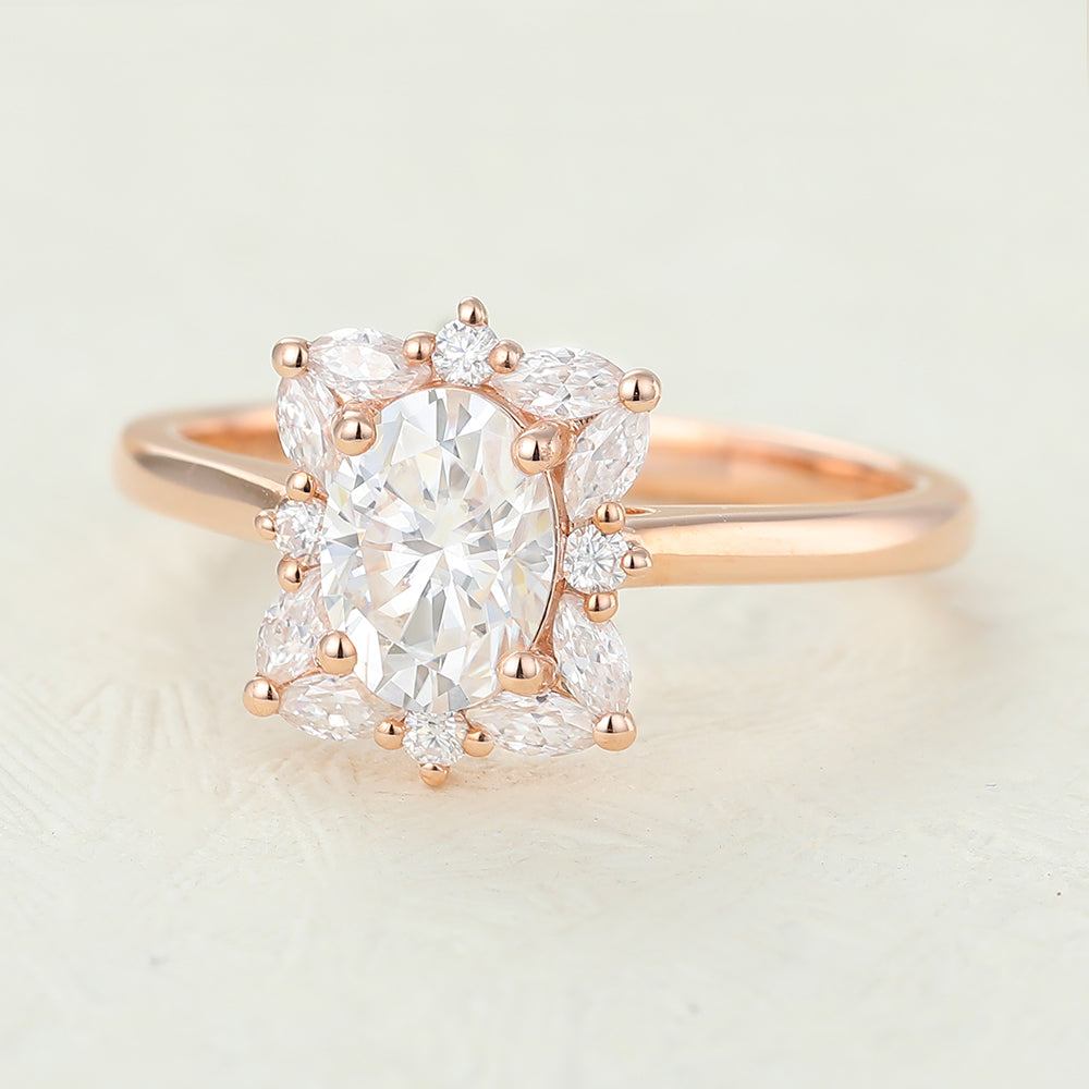 Annika-0.84 Carats Oval  Moissanite Cluster Engagement Ring