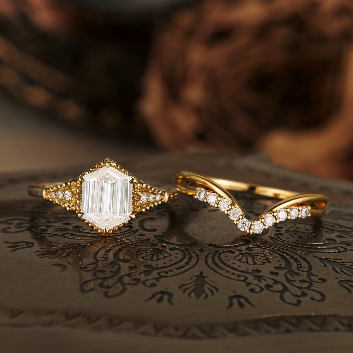 1.2 CT Hexagon Shaped Moissanite Diamond Bridal Set With Vintage Setting