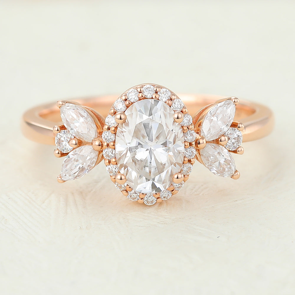 Veronica-0.84 Oval Moissanite Cluster Engagement Ring