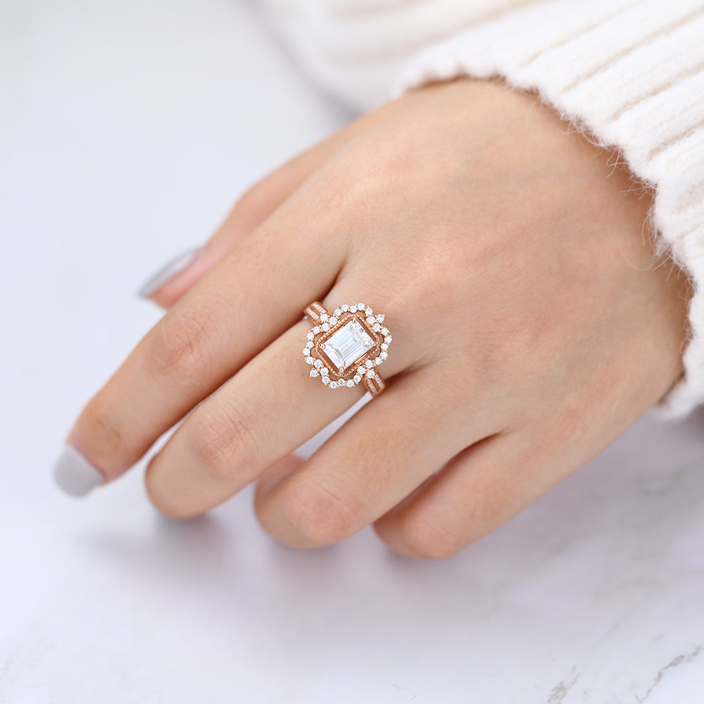 Raegan-1.60 Carats Emerald Moissanite Halo & Pave Engagement Ring