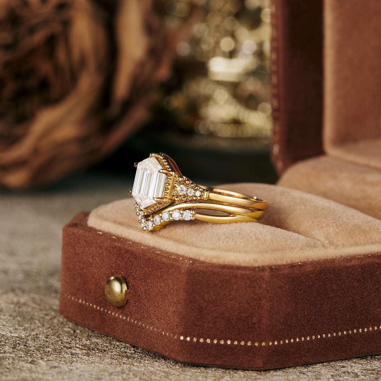1.2 CT Hexagon Shaped Moissanite Diamond Bridal Set With Vintage Setting