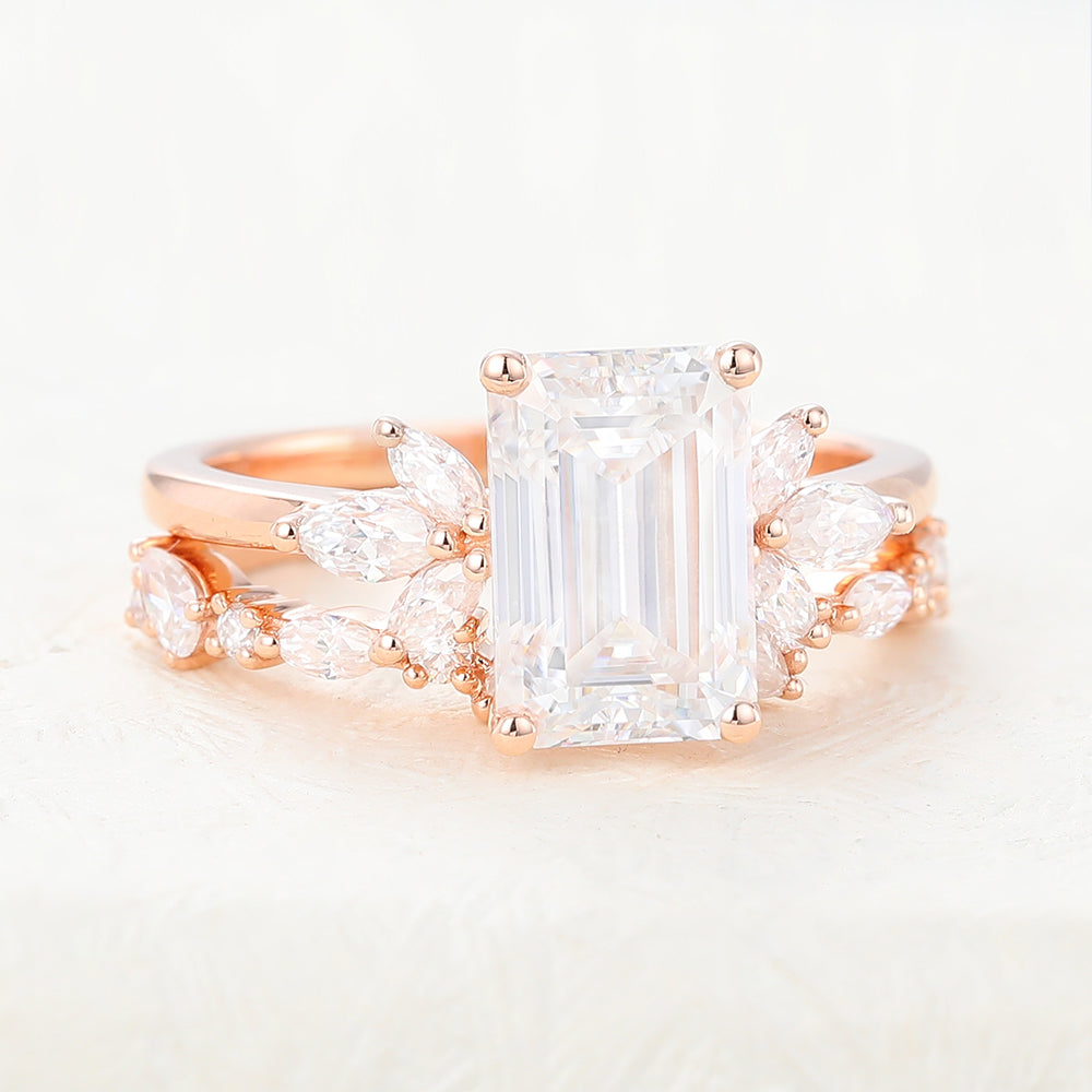 Jonah-1.89 Carats Emerald Moissanite Cluster Bridal Ring Set